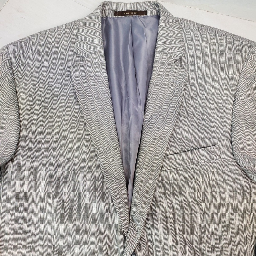 Tasso Elba Mens 44R Grey Herringbone Linen Blend Two Button Blazer Old Money